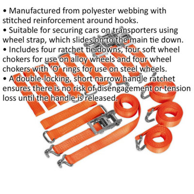 4-Pack 50mm x 3m Heavy Duty Car Transport Wheel Ratchet Tie Down Straps with J Hooks