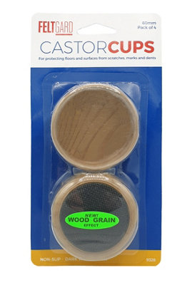 4 Pack 60mm Dark Wood Effect Non-Slip Castor Cups, Large Furniture Legs Floor Protectors for Sofa, Chair & Bed Wheels