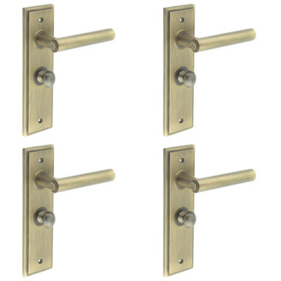 4 PACK Antique Brass Backplate Door Handle with Turn & Release for Bathrooms - Solid Brass Interior Lever