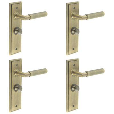 4 PACK Antique Brass Bathroom Door Handle Backplate and Turn Release - Solid Brass Interior Handle