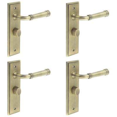 4 PACK Antique Brass Bathroom Door Handle with Backplate and Turn Release Mechanism - Solid Brass Interior Handle
