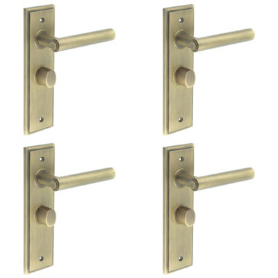 4 PACK Antique Brass Bathroom Door Handle with Backplate and Turn & Release Mechanism - Solid Brass Interior Lever