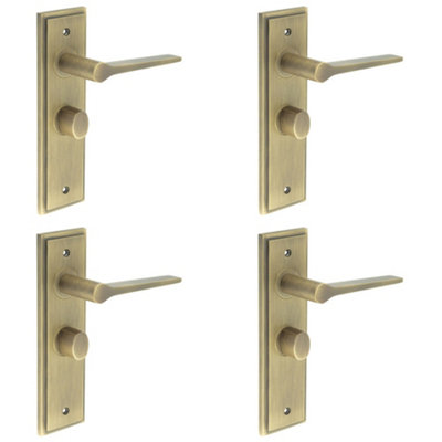 4 PACK Antique Brass Bathroom Door Handle with Backplate and Turn Release Mechanism - Solid Brass Internal Handle