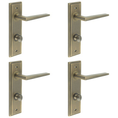 4 PACK Antique Brass Bathroom Door Handle with Backplate and Turn Release Solid Brass - Interior Handle
