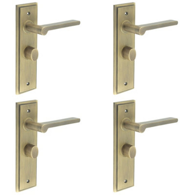 4 PACK Antique Brass Bathroom Door Handle with Backplate and Turn Release Solid Brass Interior Handle