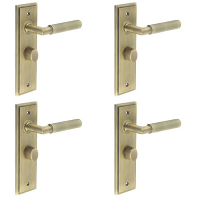 4 PACK Antique Brass Bathroom Door Handle with Backplate and Turn Release - Solid Brass Interior Handle