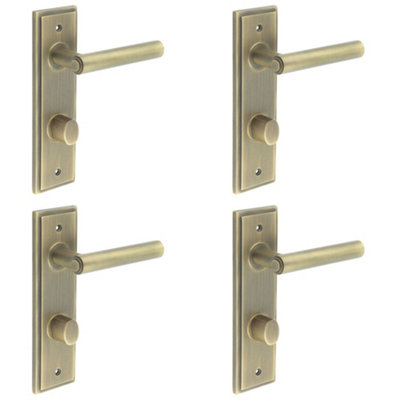 4 PACK Antique Brass Bathroom Door Handle with Backplate and Turn Release - Solid Brass Interior Lever