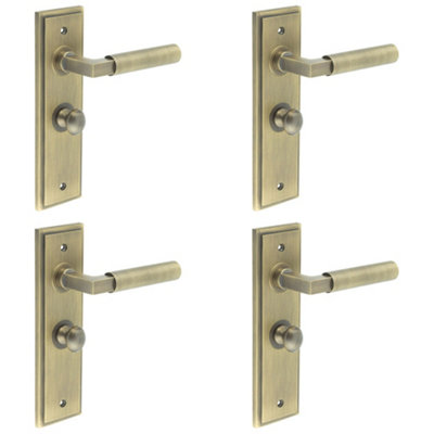4 PACK Antique Brass Bathroom Door Handle with Backplate and Turn Release - Solid Brass Interior Toilet Handle