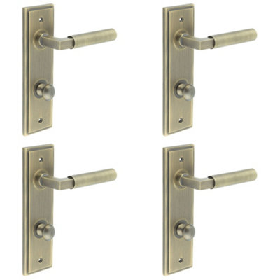 4 PACK Antique Brass Bathroom Door Handle with Backplate and Turn Release - Solid Brass Interior WC Handle
