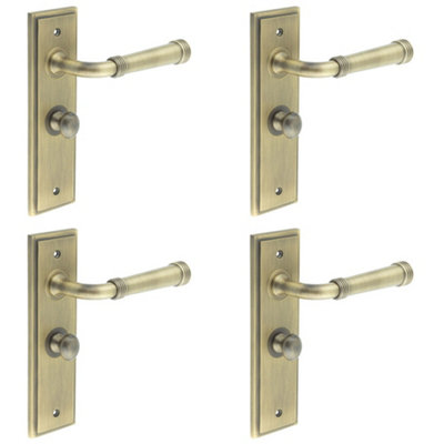 4 PACK Antique Brass Bathroom Door Handle with Backplate and Turn Release - Solid Brass Toilet Interior Handle