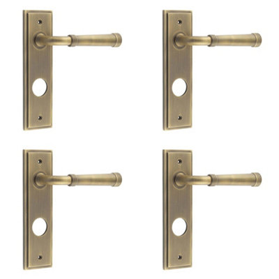 4 PACK Antique Brass Bathroom Door Handle with Backplate - Luxury Design - Solid Brass Interior Handle