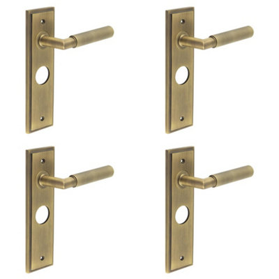4 PACK Antique Brass Bathroom Door Handle with Backplate - Solid Brass Interior Handle