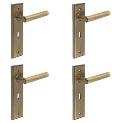 4 PACK Antique Brass Door Handle Lock Backplate - Elegant and Durable - Solid Brass Interior Lever