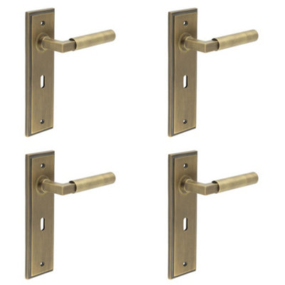 4 PACK Antique Brass Door Handle Lock Backplate for Modern Homes - Solid Brass Interior Lever