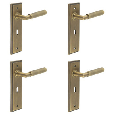 4 PACK Antique Brass Door Handle Lock Backplate with Versatile Mounting Options - Solid Brass Interior Handle