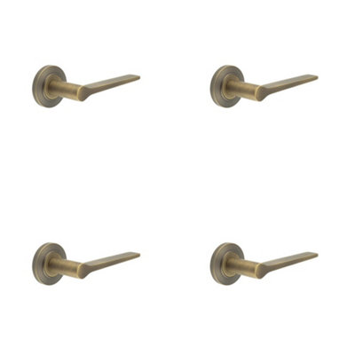 4 PACK Antique Brass Door Handle on Chamfered Rose - Classic & Elegant Design - Solid Brass Interior Handle