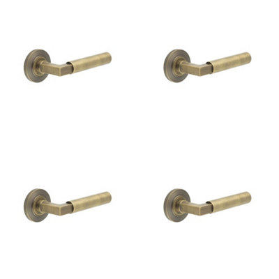 4 PACK Antique Brass Door Handle on Chamfered Rose for Elegant Homes - Solid Brass Interior Handle