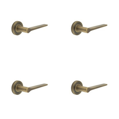 4 PACK Antique Brass Door Handle on Knurled Rose - Classic and Modern Design - Solid Brass Interior Handle