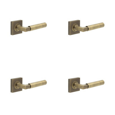 4 PACK Antique Brass Door Handle on Square Plain Rose - Westminster Luxury Design - Solid Brass Interior Handle