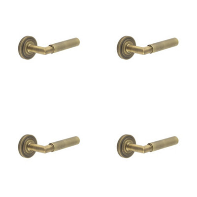 4 PACK Antique Brass Door Handle on Stepped Rose - Premium Quality Design - Solid Brass Interior Handle