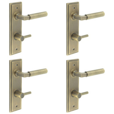 4 PACK Antique Brass Door Handle Set for Bathrooms with Turn & Release Mechanism - Solid Brass Interior Handle