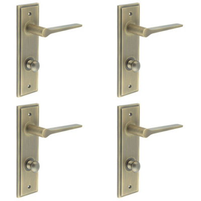 4 PACK Antique Brass Door Handle Set with Backplate for Bathroom - Solid Brass Interior Handle