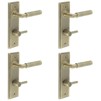 4 PACK Antique Brass Door Handle with Backplate and Turn Release for Bathrooms - Solid Brass Interior Handle