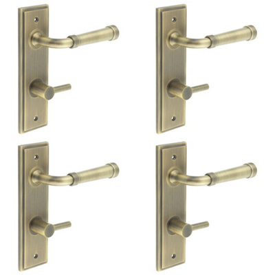 4 PACK Antique Brass Door Handle with Backplate for Bathroom - Din Style - Solid Brass Interior Handle