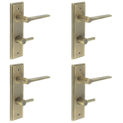 4 PACK Antique Brass Door Handle with Backplate for Bathroom - Elegant Turn & Release Design - Solid Brass Interior Handle