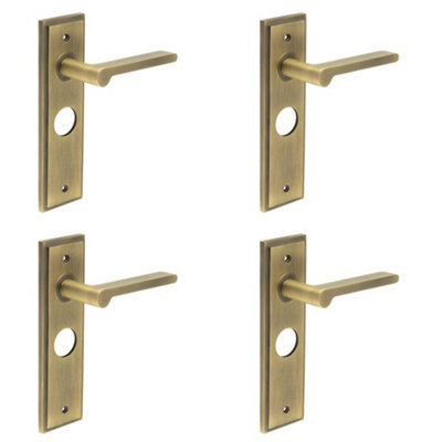 4 PACK Antique Brass Door Handle with Backplate for Bathroom - Solid Brass Interior Handle