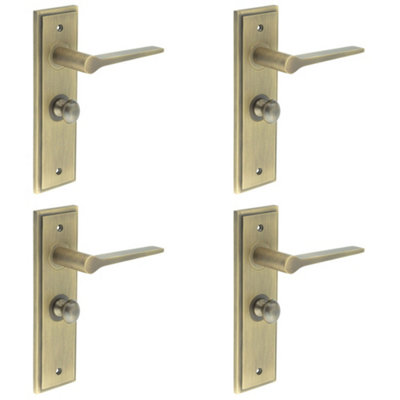 4 PACK Antique Brass Door Handle with Backplate for Bathroom - Turn & Release Mechanism - Solid Brass Interior Handle