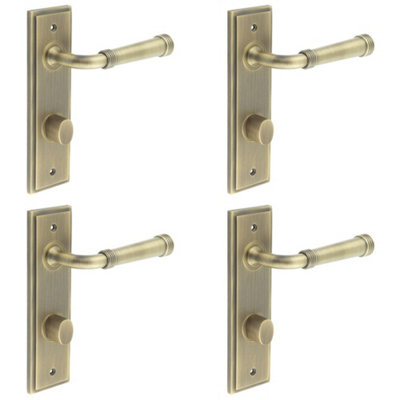 4 PACK Antique Brass Door Handle with Backplate for Bathrooms - BUR35 Design - Solid Brass Interior Handle