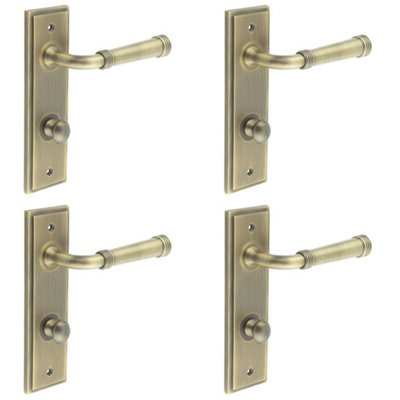 4 PACK Antique Brass Door Handle with Backplate for Bathrooms - Turn & Release Mechanism - Solid Brass