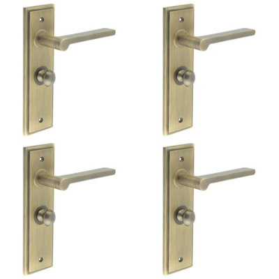 4 PACK Antique Brass Door Handle with Bathroom Backplate and Turn Release - Solid Brass Interior Handle