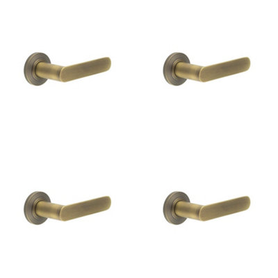 4 PACK Antique Brass Door Handle with Chamfered Rose for Elegant Interiors - Solid Brass Interior Handle