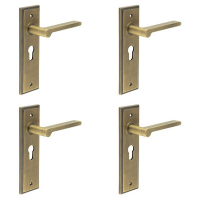 4 PACK Antique Brass Door Handle with Euro Backplate - Elegant and Durable - Solid Brass Interior Handle