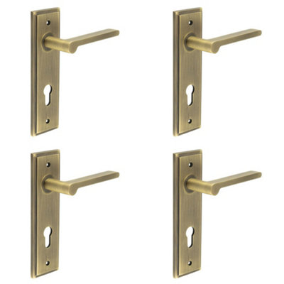 4 PACK Antique Brass Door Handle with Euro Backplate Solid Brass - Interior Handle