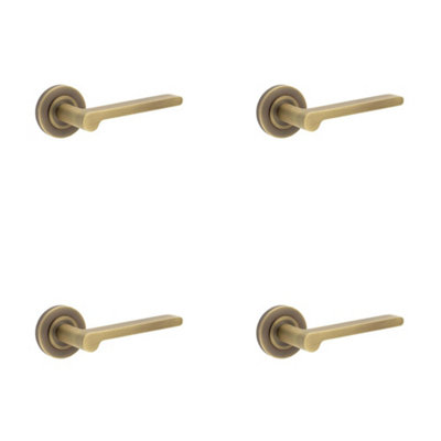 4 PACK Antique Brass Door Handle with Plain Rose Design for Classic Elegance - Solid Brass Interior Handle