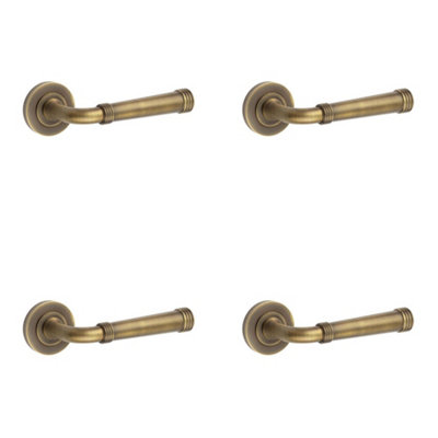 4 PACK Antique Brass Door Handle with Plain Rose Design - Solid Brass Interior Handle