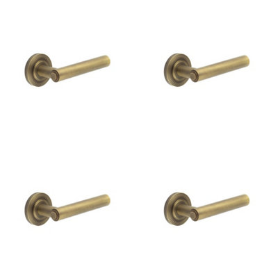 4 PACK Antique Brass Door Handle with Reeded Rose Design - Solid Brass Interior Handle