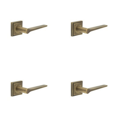 4 PACK Antique Brass Door Handle with Square Rose - Classic & Modern Design - Solid Brass Interior Handle