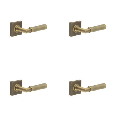 4 PACK Antique Brass Door Handle with Square Rose for Elegant Interiors - Solid Brass Interior Handle