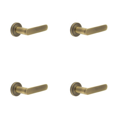 4 PACK Antique Brass Door Handle with Stepped Rose Design for Stylish Interiors - Solid Brass Interior Handle