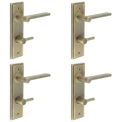 4 PACK Antique Brass Door Handle with Turn Release for Bathrooms - Solid Brass Interior Handle