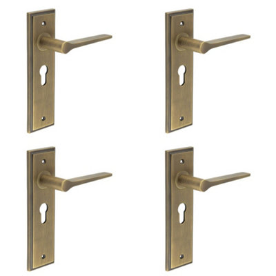 4 PACK Antique Brass Euro Backplate Door Handle - Elegant & Durable - Solid Brass Interior Handle