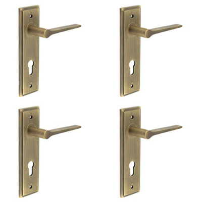 4 PACK Antique Brass Euro Backplate Door Handle for Modern Homes - Solid Brass Interior Handle