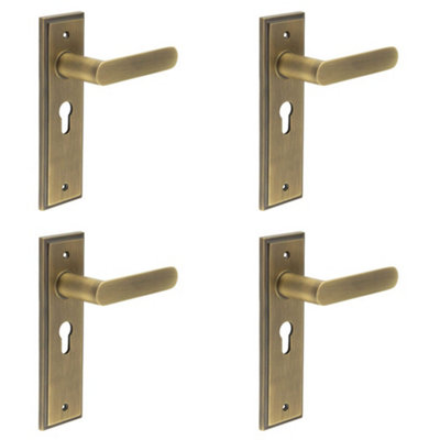 4 PACK Antique Brass Euro Backplate Door Handle - Premium Quality - Solid Brass Interior Handle