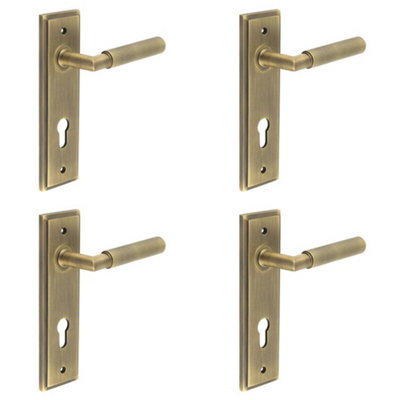 4 PACK Antique Brass Euro Backplate Door Handle with Diamond Knurling - Solid Brass Interior Handle