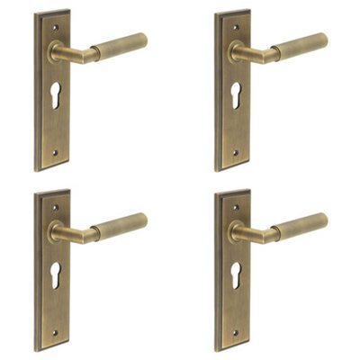 4 PACK Antique Brass Euro Backplate Door Handle with Luxury Design - Solid Brass Interior Handle