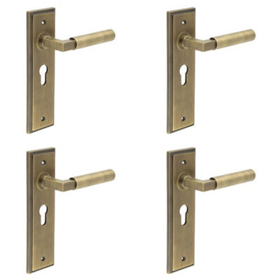4 PACK Antique Brass Euro Backplate Door Handle with Stylish Design - Solid Brass Interior Lever